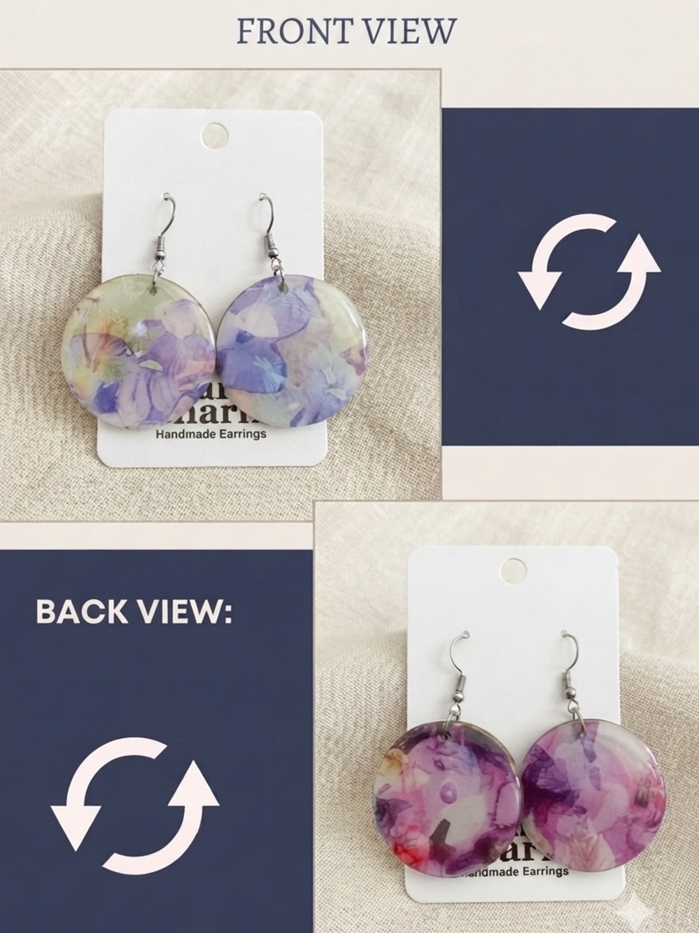 New - Reversible Floral Round Resin Wood Drop Earrings Handcrafted